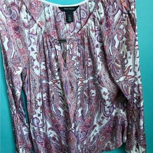 White House Black Market Red and Silver Relaxed Long Sleeve Blouse